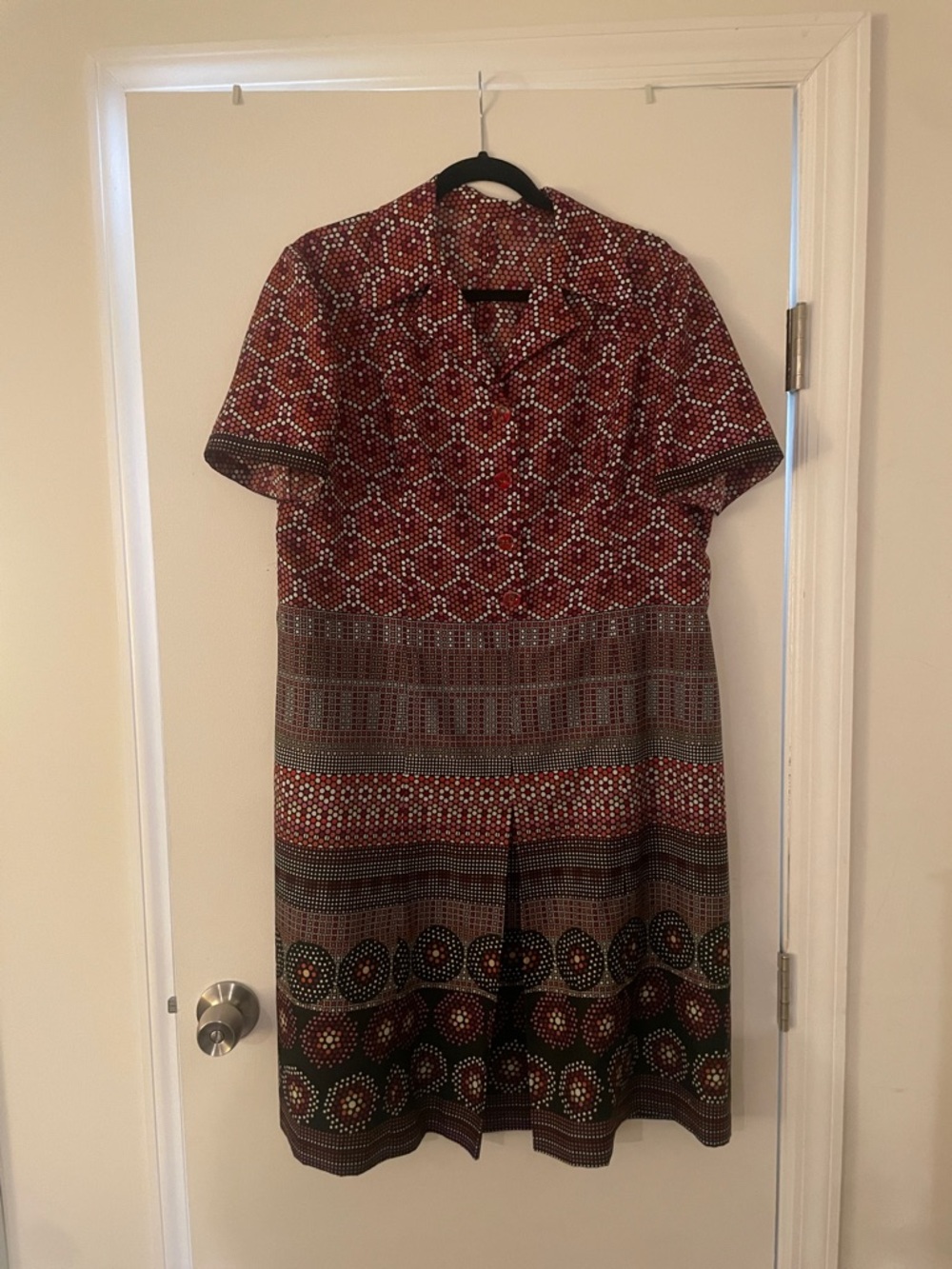 Red Patterned Short-Sleeve Women's Dress
